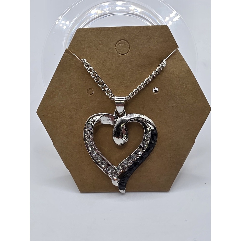 Silvertone Black And White Rhinestone Heart Necklace